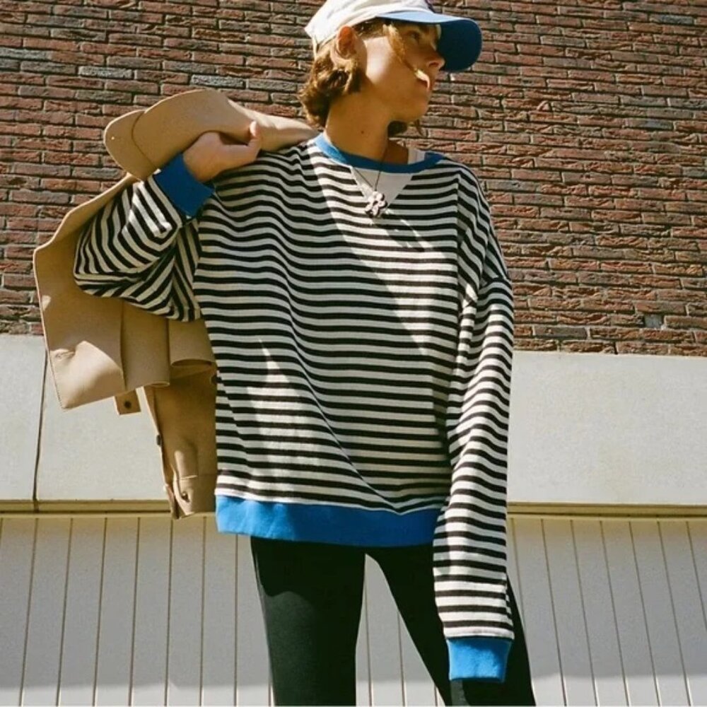 NWOT Free People Classic Striped Oversized Crewneck- size LARGE